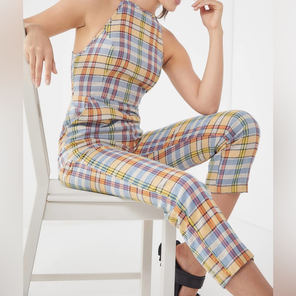 Urban Outfitters Hattie High-Neck Linen Jumpsuit Size 4 Yellow & Blue